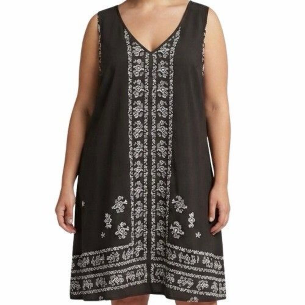 Free 2 Luv Black Sleeveless Dress 2X - White Floral Print V-Neck BOHO Chic
